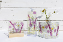 Load image into Gallery viewer, Daisy (Pink) fused glass tea light holder, long hanging and small curve handmade by Flow Glass Orkney Isles Scotland