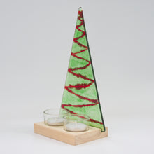 Load image into Gallery viewer, Christmas Tree Tea Light Holder Green with Red Garland Large by Flow Glass Orkney Islands Scotland