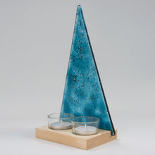 Load image into Gallery viewer, Christmas Tree Tea Light Holder Blue Sparkle Large by Flow Glass Orkney Islands Scotland