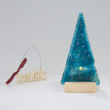 Load image into Gallery viewer, Christmas Tree Tea Light Holder in Blue Sparkle by Flow Glass Orkney Islands Scotland
