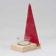 Load image into Gallery viewer, Christmas Tree Tea Light Holder in Red Sparkle by Flow Glass Orkney Islands Scotland