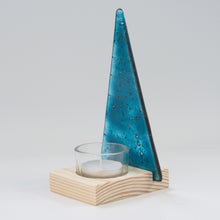 Load image into Gallery viewer, Christmas Tree Tea Light Holder in Blue Sparkle by Flow Glass Orkney Islands Scotland