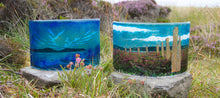 Load image into Gallery viewer, Hoy Large fused glass curve and Ring of Brodgar Large fused glass curve in the heather hand made by Flow Glass Orkney Islands Scotland