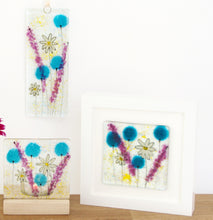 Load image into Gallery viewer, Daisy (Blue) fused glass tea light holder, small frame and long hanging by Flow Glass Orkney Isles Scotland