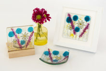 Load image into Gallery viewer, Daisy (Blue) fused glass small dish, tea light holder and small frame by Flow Glass Orkney Isles Scotland