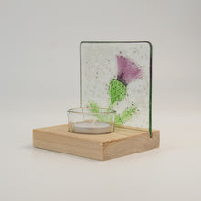 Load image into Gallery viewer, Rear view of Thistle fused glass tea light holder by Flow Glass Orkney Isles Scotland
