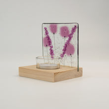 Load image into Gallery viewer, Rear view of Lavender fused glass tea light holder by Flow Glass Orkney Isles Scotland