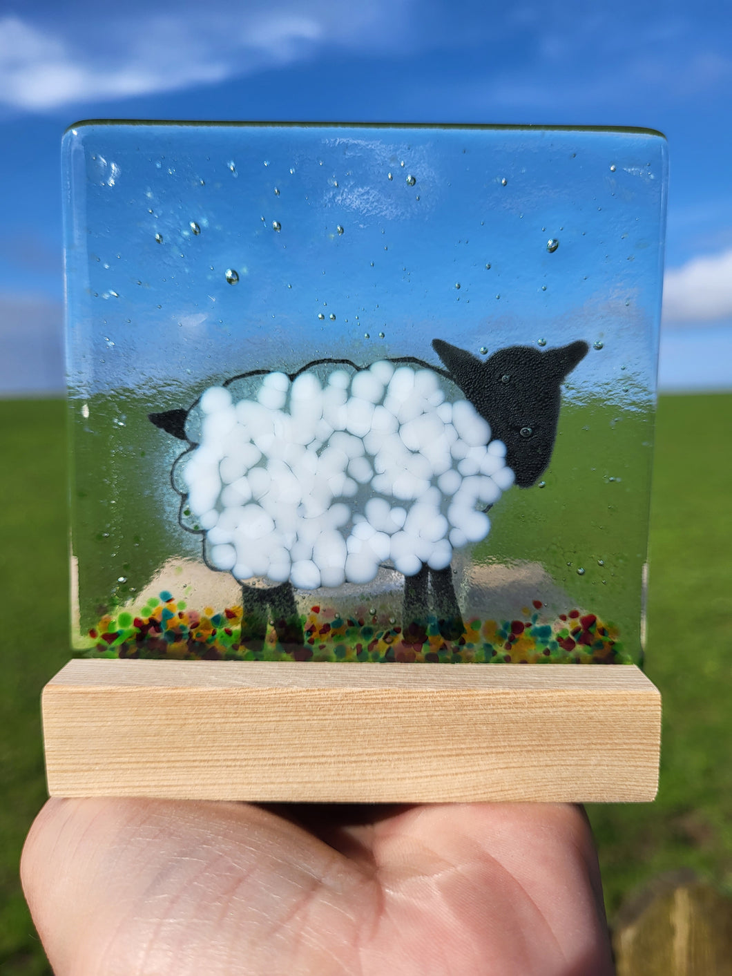 Sheep fused glass tea light holder hand made by Flow Glass Orkney Islands Scotland 