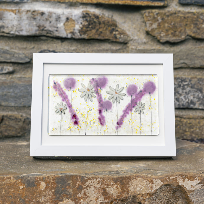 Daisy Pink fused glass oblong Frame handmade by Flow Glass Orkney Isles Scotland