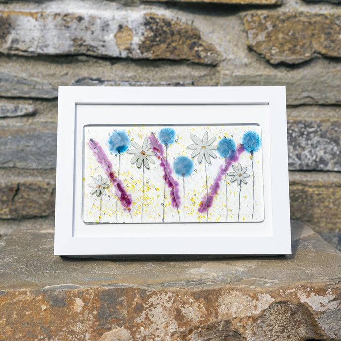 Daisy Blue fused glass oblong
 frame handmade by Flow Glass Orkney Isles Scotland