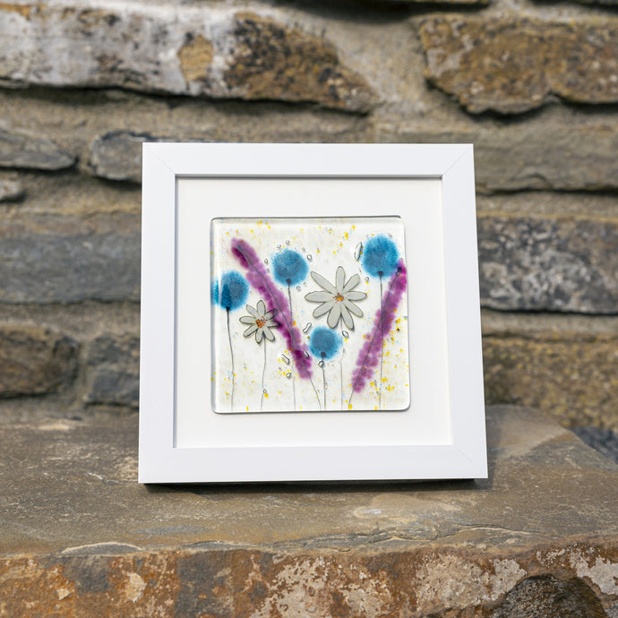 Daisy Blue fused glass small frame handmade by Flow Glass Orkney Isles Scotland