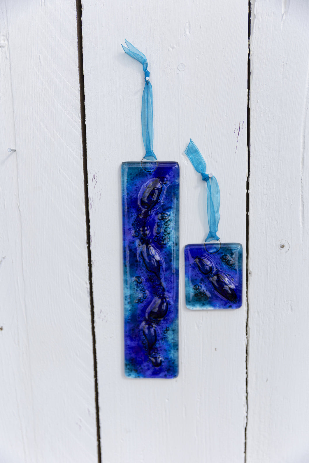 Blue Bubble fused glass small and long hangings by Flow Glass Orkney Isles Scotland