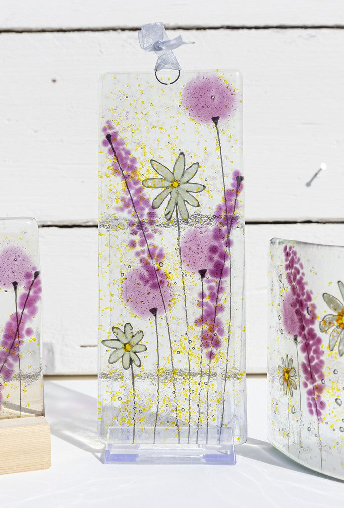 Daisy Pink fused glass long hanging handmade by Flow Glass Orkney Isles Scotland