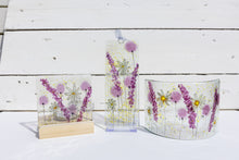 Load image into Gallery viewer, Daisy Pink fused glass tea light holder, long hanging and small curve handmade by Flow Glass Orkney Isles Scotland
