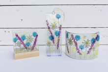 Load image into Gallery viewer, Daisy Blue fused glass tea light holder, long hanging and small curve hand made by Flow Glass Orkney Isles Scotland
