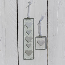 Load image into Gallery viewer, Long and Small Heart fused glass hanging in silver by Flow Glass Orkney Isles Scotland 
