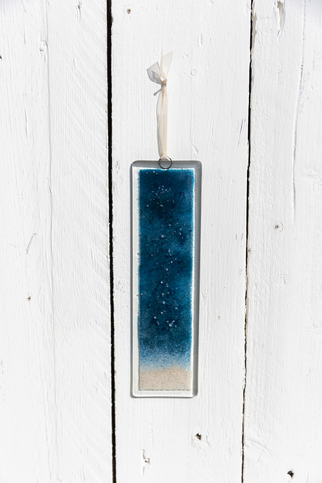 Ocean fused glass long hand made hanging by Flow Glass Orkney Islands Scotland