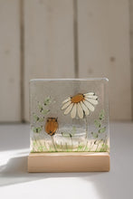 Load image into Gallery viewer, Golden Daisy Fused Glass tealight holder with pine base. Hand made by Flow Glass Kirkwall Orkney Islands Scotland
