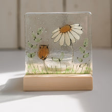 Load image into Gallery viewer, Golden Daisy Fused Glass tealight holder with pine base. Hand made by Flow Glass Kirkwall Orkney Islands Scotland
