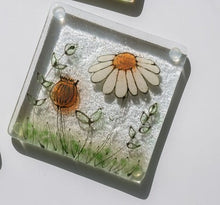 Load image into Gallery viewer, Golden Daisy fused glass coaster hand made by Flow Glass Kirkwall Orkney Islands Scotland 
