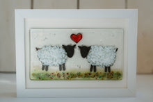 Load image into Gallery viewer, Framed artwork of two sheep with a red heart between them on a white background handmade by Flow Glass Orkney Islands
