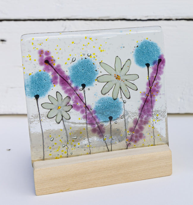 Daisy Blue fused glass tea light holder handmade by Flow Glass Orkney Islands