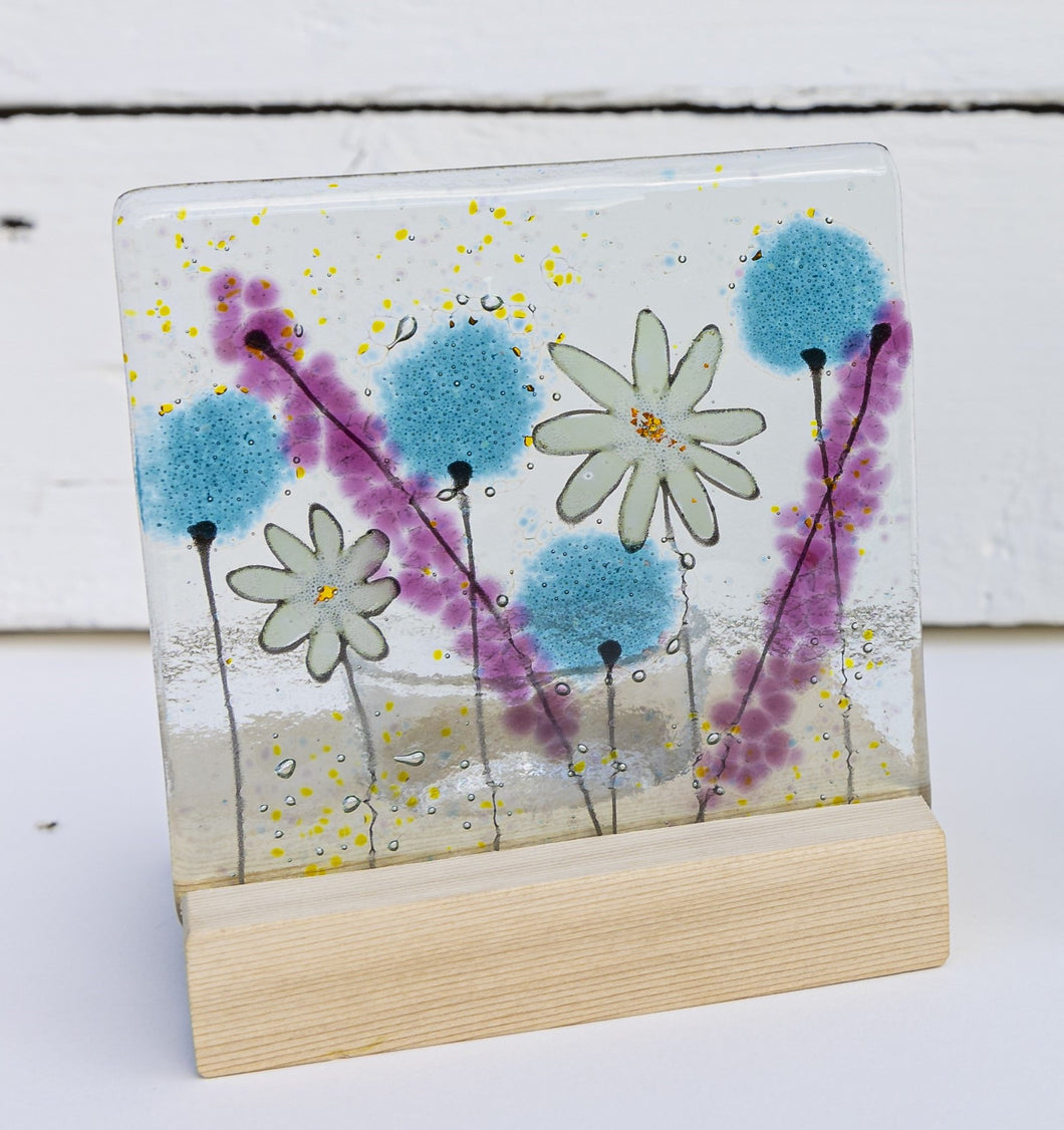 Daisy Blue fused glass tea light holder handmade by Flow Glass Orkney Islands