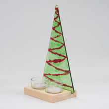 Load image into Gallery viewer, Christmas Tree Tea Light Holder Green with Red Garland Large by Flow Glass Orkney Islands Scotland
