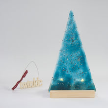 Load image into Gallery viewer, Christmas Tree Tea Light Holder Blue Sparkle Large by Flow Glass Orkney Islands Scotland
