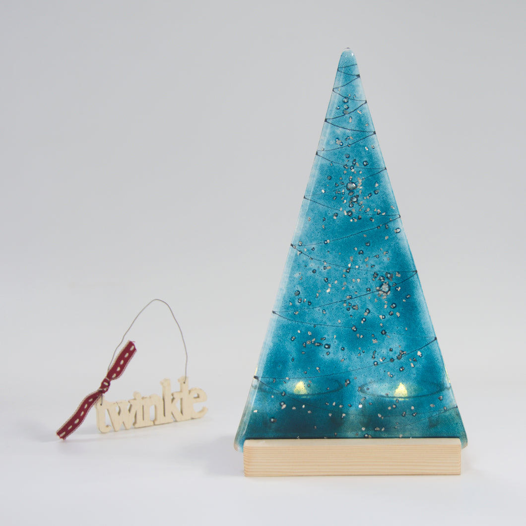 Christmas Tree Tea Light Holder Blue Sparkle Large by Flow Glass Orkney Islands Scotland