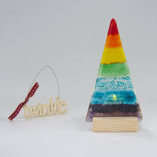 Load image into Gallery viewer, Christmas Tree Tea Light Holder in Rainbow Bubble by Flow Glass Orkney Islands Scotland
