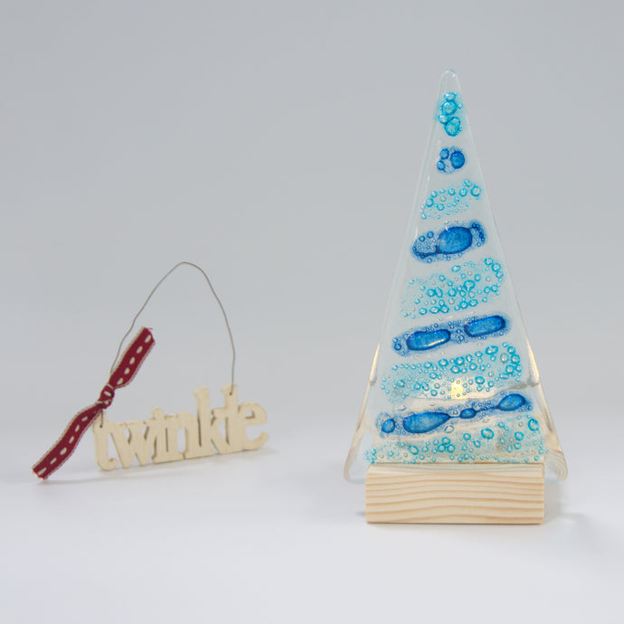 Christmas Tree Tea Light holder in blue bubble by Flow Glass Orkney Islands Scotland