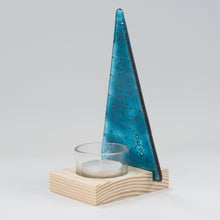 Load image into Gallery viewer, Christmas Tree Tea Light Holder in Blue Sparkle by Flow Glass Orkney Islands Scotland

