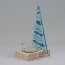 Load image into Gallery viewer, Christmas Tree Tea Light Holder in Blue Bubble by Flow Glass Orkney Islands Scotland
