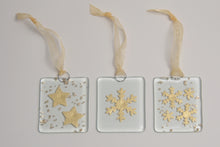 Load image into Gallery viewer, Gold star, snowflake and multi snowflake hangings by Flow Glass Orkney Islands Scotland
