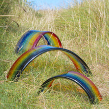 Load image into Gallery viewer, Large and small fused glass rainbow curve in the grass handmade by Flow Glass in our studio in Orkney Islands Scotland
