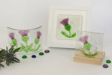 Load image into Gallery viewer, Thistle fused glass small curve, small frame and tea light holder by Flow Glass Orkney Isles Scotland
