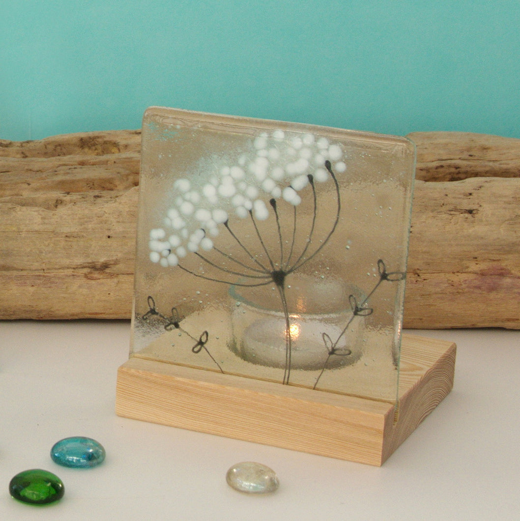 Cow Parsley fused glass tea light holder by Flow Glass Orkney Isles Scotland