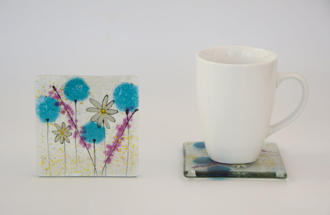 Daisy (Blue) fused glass coaster by Flow Glass Orkney Isles Scotland