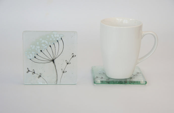 Cow Parsley fused glass coaster by Flow Glass Orkney Isles Scotland