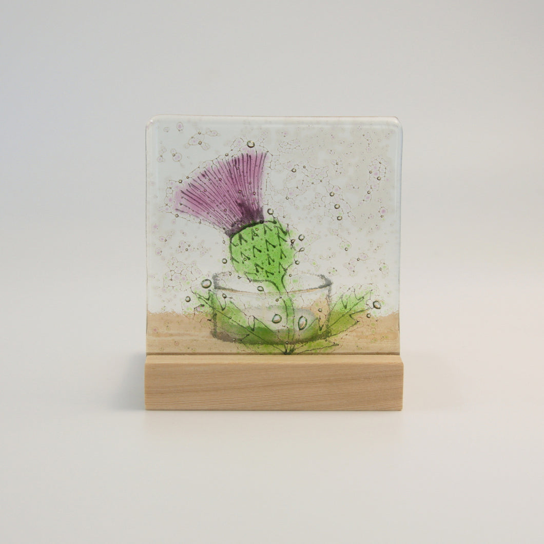 Thistle fused glass tea light holder by Flow Glass Orkney Isles Scotland