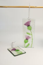 Load image into Gallery viewer, Small and long Thistle fused glass hanging by Flow Glass Orkney Isles Scotland
