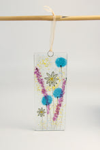 Load image into Gallery viewer, Daisy blue fused glass long hanging by Flow Glass Orkney Isles Scotland 
