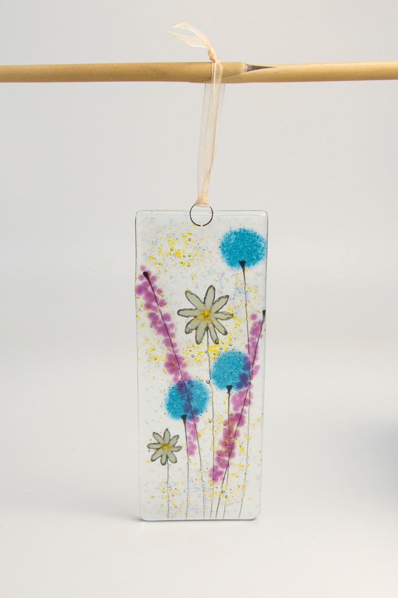 Daisy blue fused glass long hanging by Flow Glass Orkney Isles Scotland 