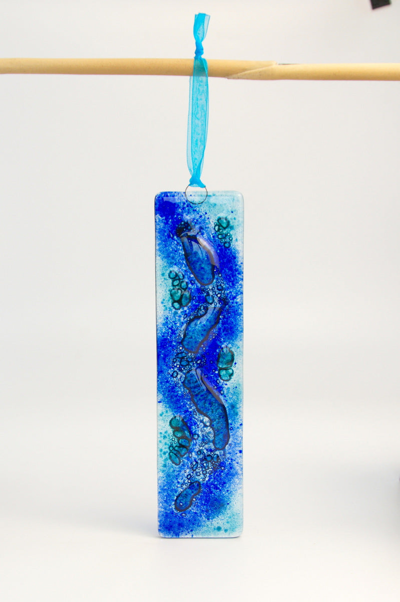 Blue Bubble long fused glass hanging by Flow Glass Orkney Isles Scotland
