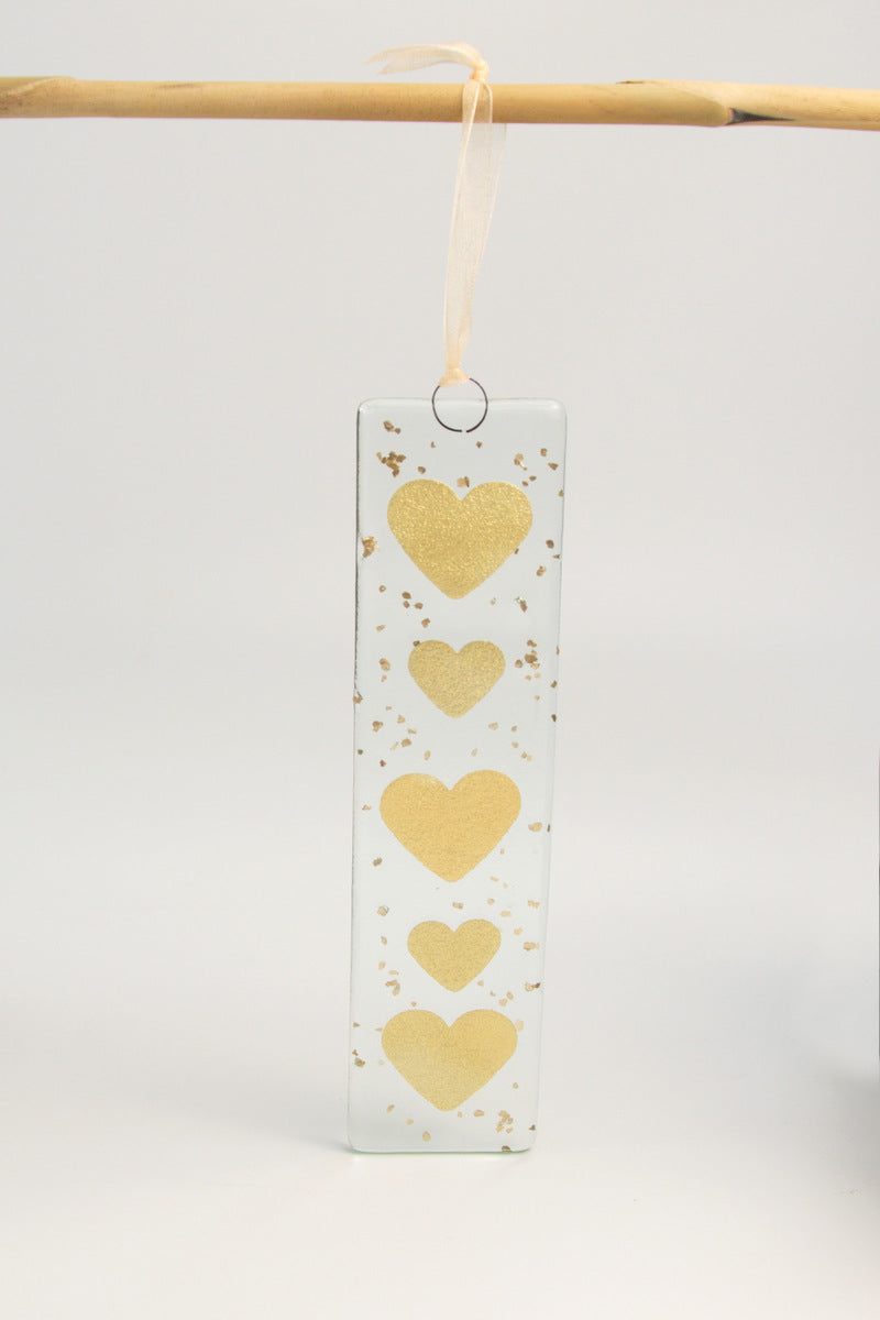 Long Heart fused glass hanging in gold by Flow Glass Orkney Isles Scotland 