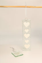 Load image into Gallery viewer, Long and small silver heart fused glass hangings by Flow Glass Orkney Isles Scotland 
