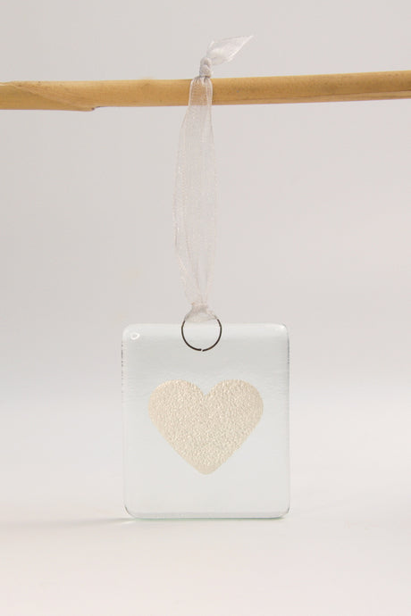 Small silver heart fused glass hanging by Flow Glass Orkney Isles Scotland 