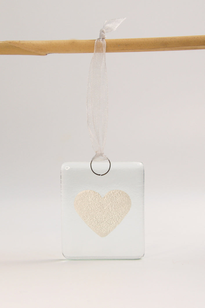 Small silver heart fused glass hanging by Flow Glass Orkney Isles Scotland 