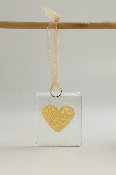 Heart gold small fused glass hanging by Flow Glass Orkney Isles Scotland